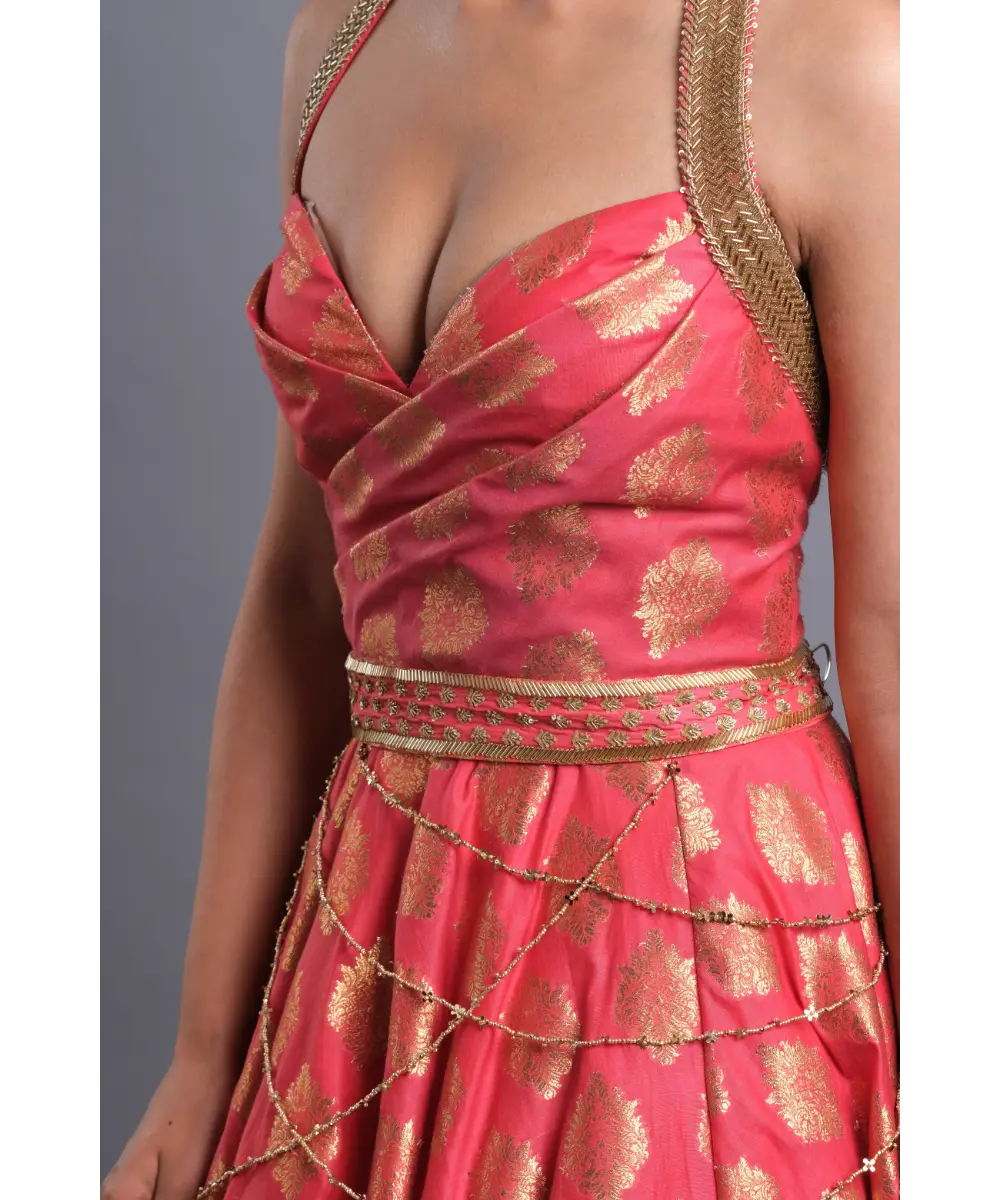 AASTHA SOOD - Crimson Halter Gown with Belt